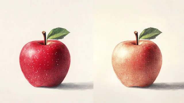 Sfumature con Matite Colorate: Crea Disegni 3D Realistici 2 Confronto tra un disegno piatto e uno con sfumature, mostrando come le sfumature creino profondità e realismo