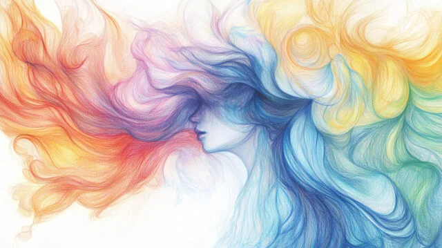 Sfumature con Matite Colorate: Crea Disegni 3D Realistici 7 Disegno di capelli fluenti o acqua realizzato con tratti circolari e direzionali con matite colorate.