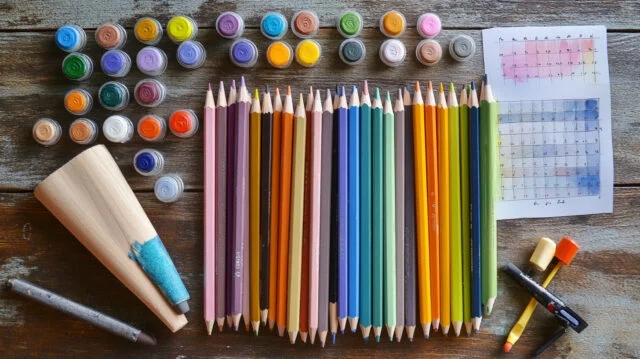 Sfumature con Matite Colorate: Crea Disegni 3D Realistici 3 Una selezione di matite colorate di diversi tipi (a base di cera, a base d'olio, acquerellabili) e strumenti per la sfumatura, come uno sfumino.